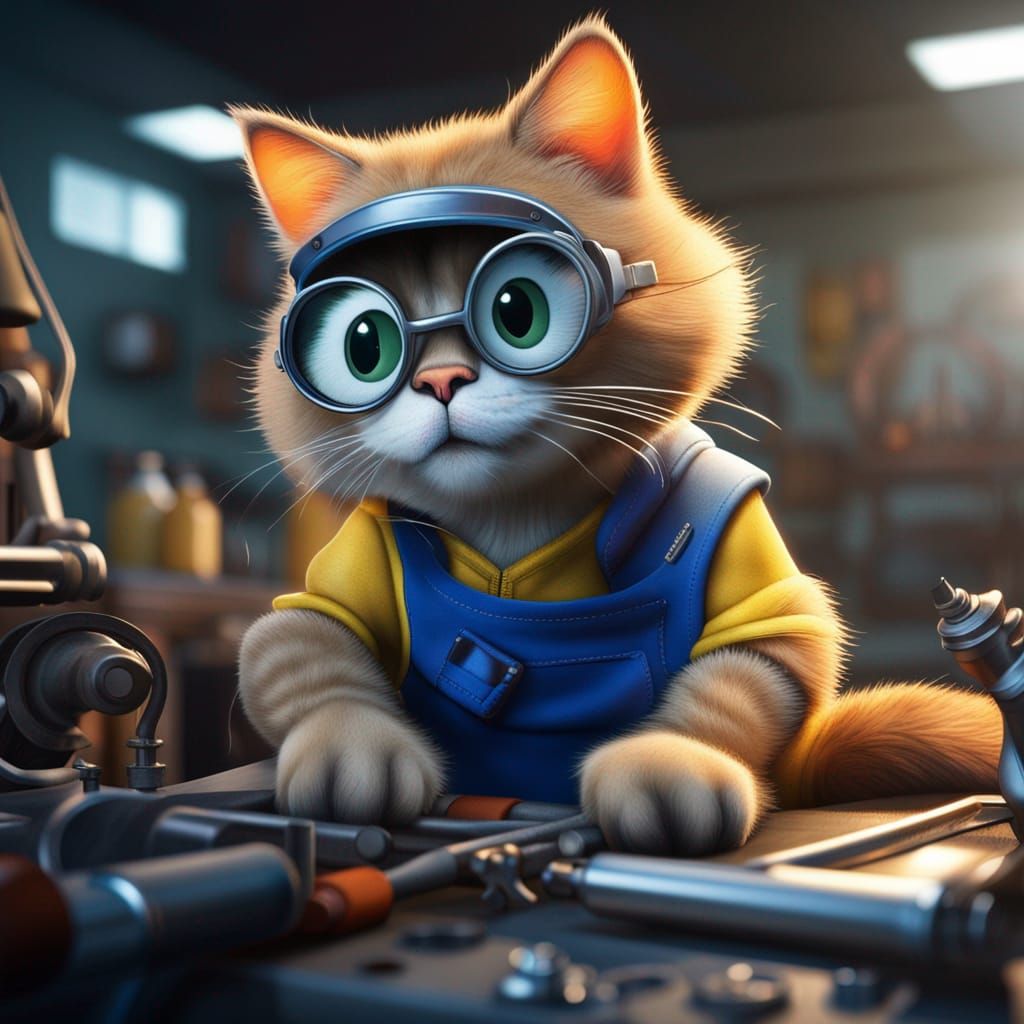 Cat Mechanic in Garage with Goggles and Overalls