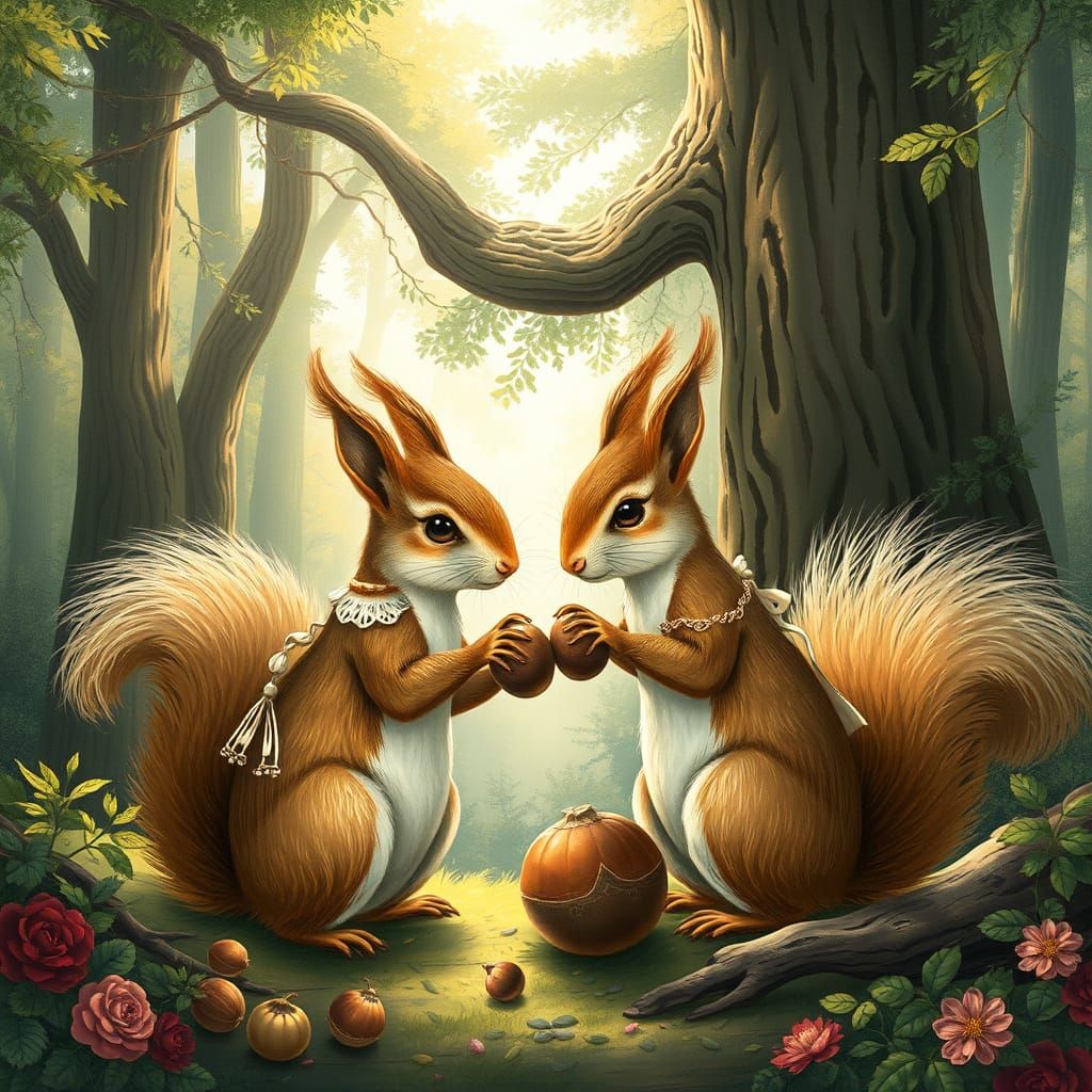 Squirrels in Elegant 18th Century Attire Enjoying a Forest F...