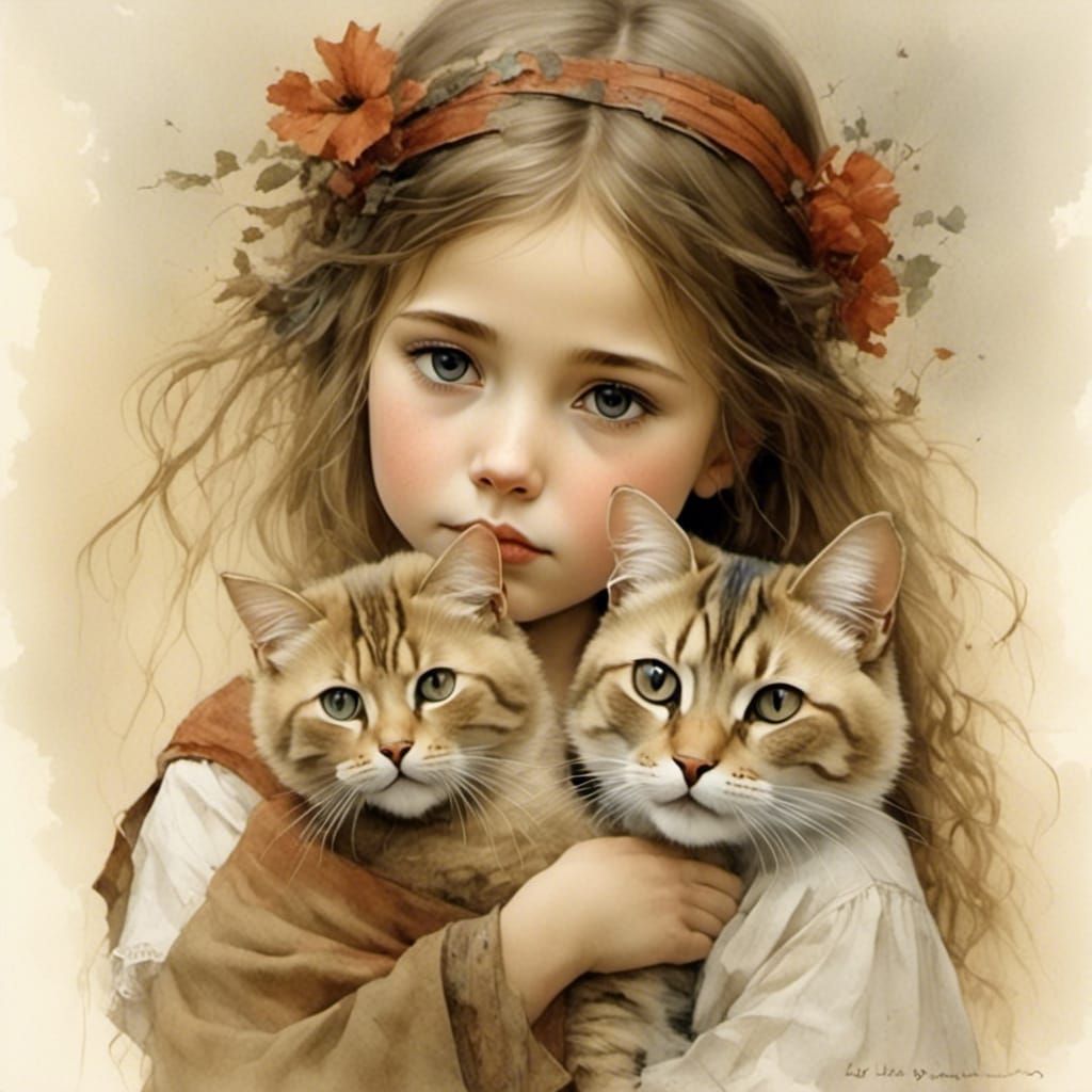 Girl and Cat Portrait in Fantasy Art Style