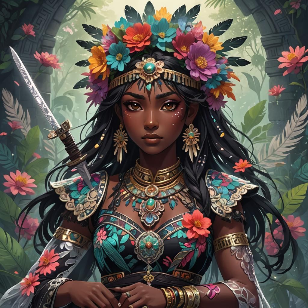 Latina Anime Girl with Obsidian Sword in Anime Style