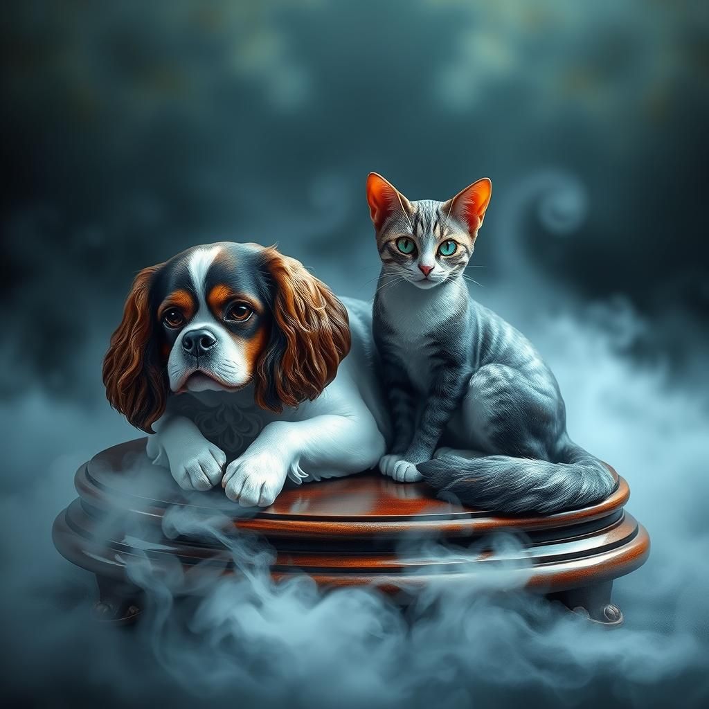 Ethereal King Charles Spaniel and Cat in Cloisonné Style