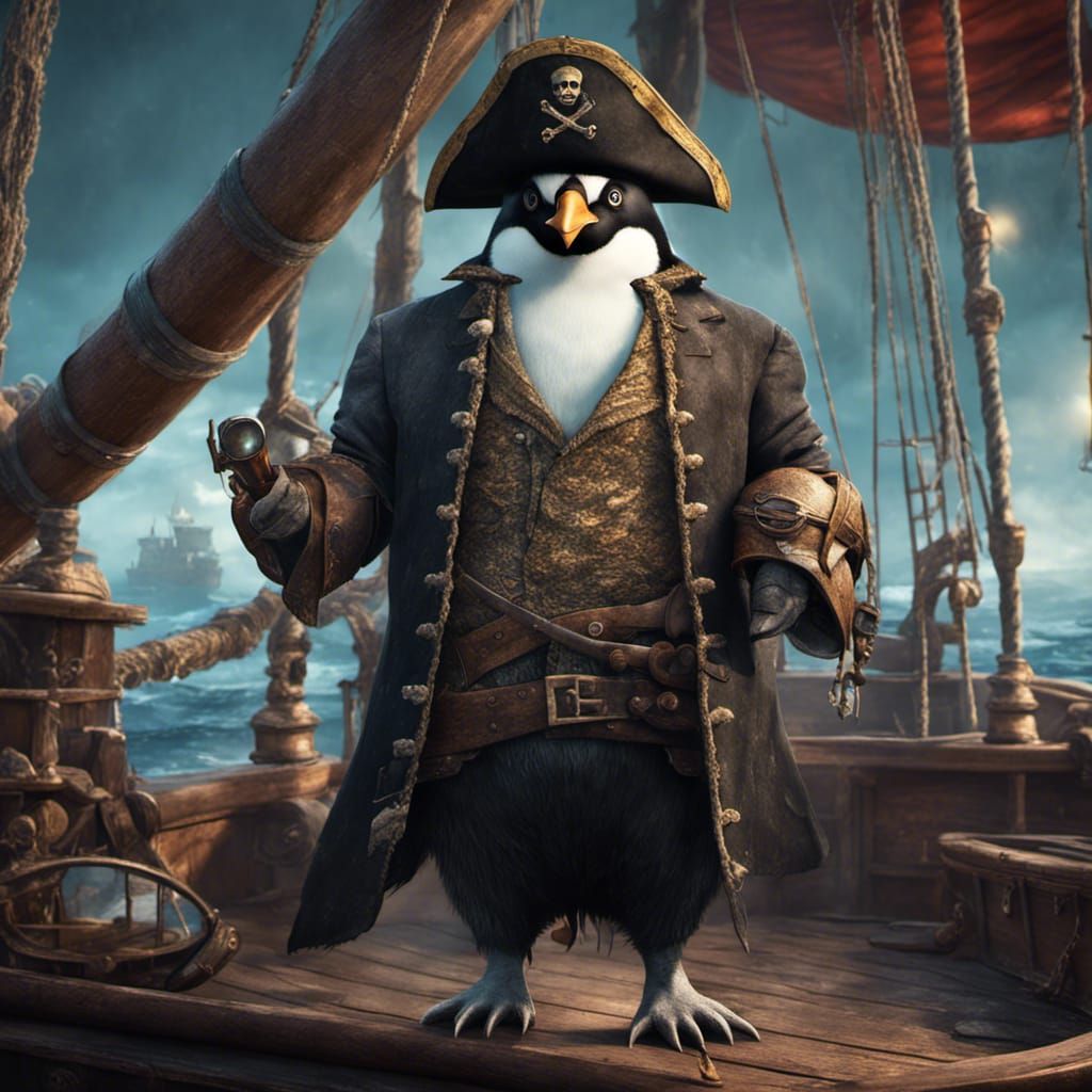 Penguin Pirate on Ship: Detailed Fantasy Concept Art