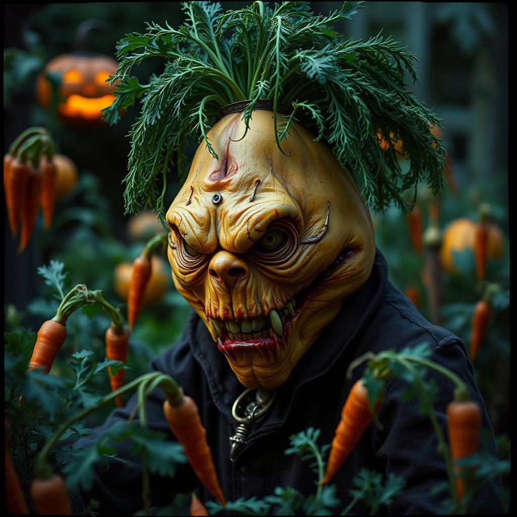Grotesque Gourd Gardener in Surreal Halloween Garden