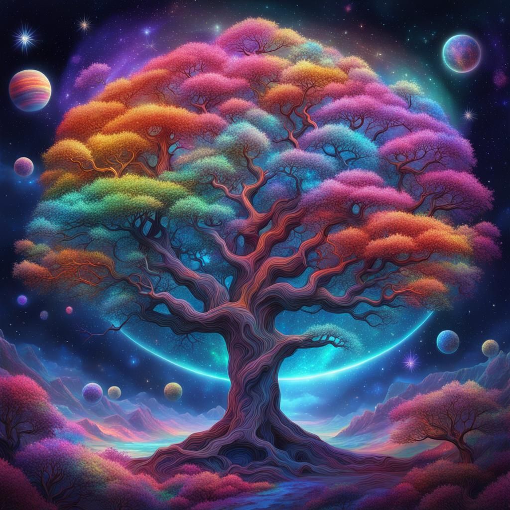 Cosmic Tree in Holographic Astral Illustration