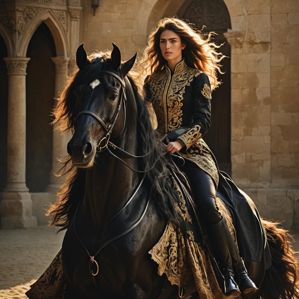 Majestic Woman Rides Black Horse in Baroque Style