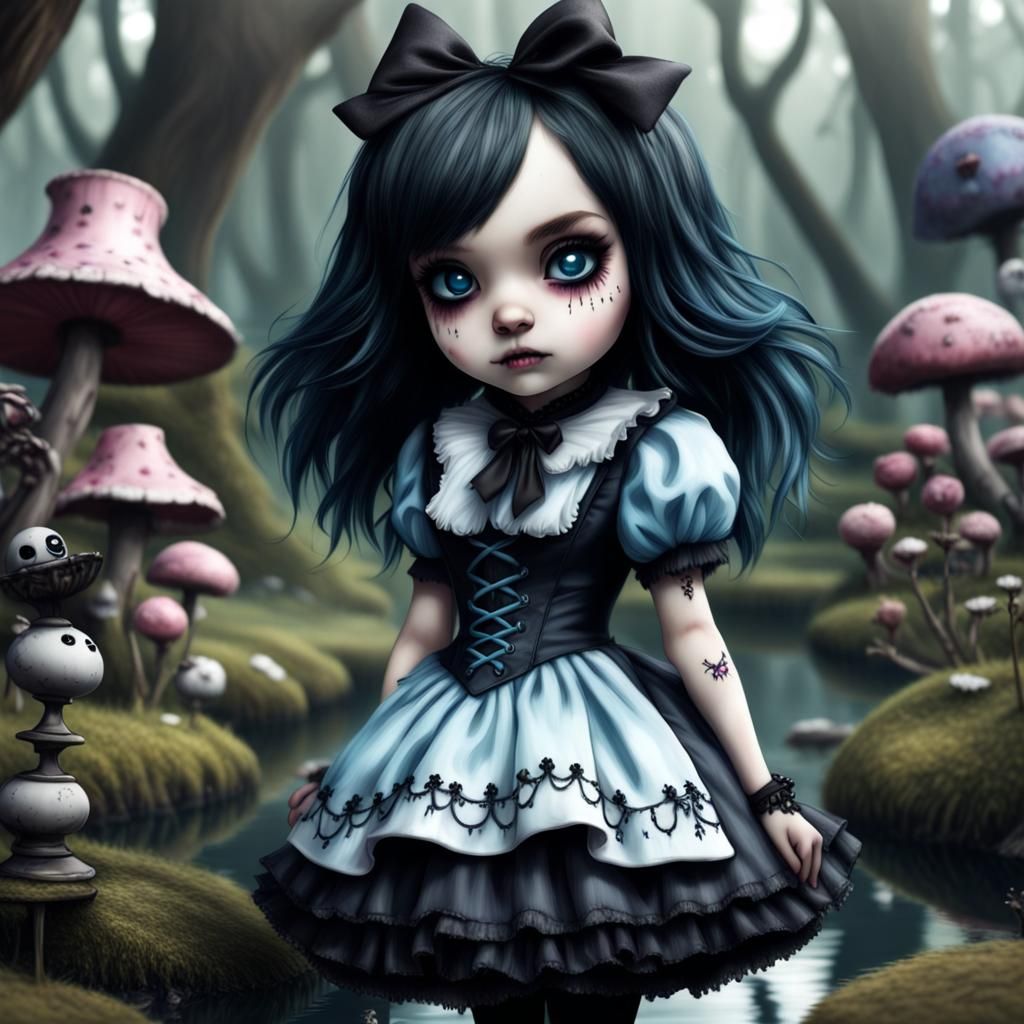 Hyperrealistic Goth Alice in Wonderland Chibi
