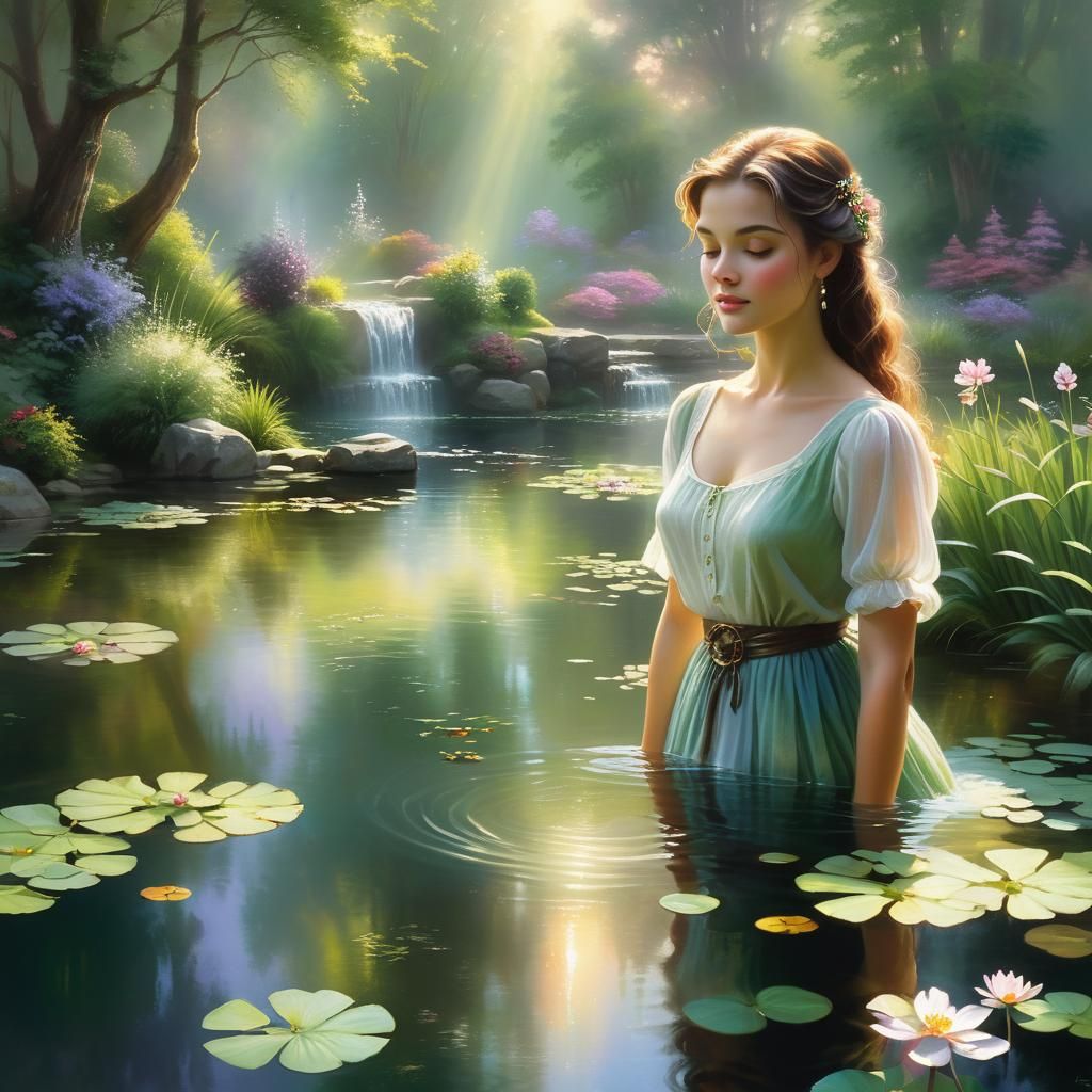 Woman by Pond in Hyperrealistic Ethereal Style