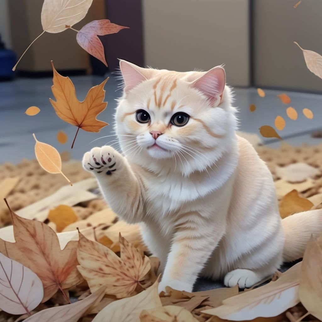 Blonde Cat Playing with Autumn Leaves Watercolor