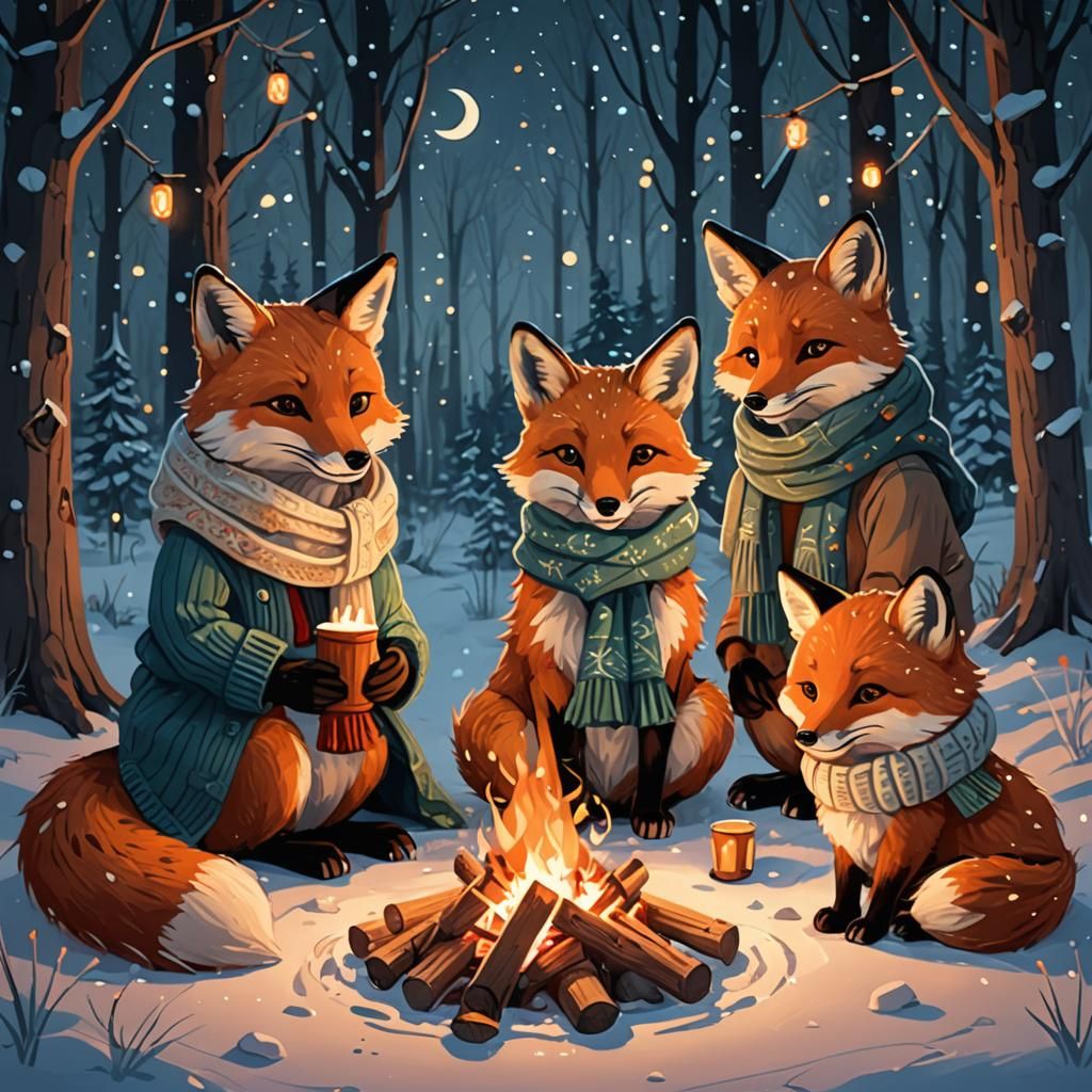Fox Family Campfire in Snowy Forest