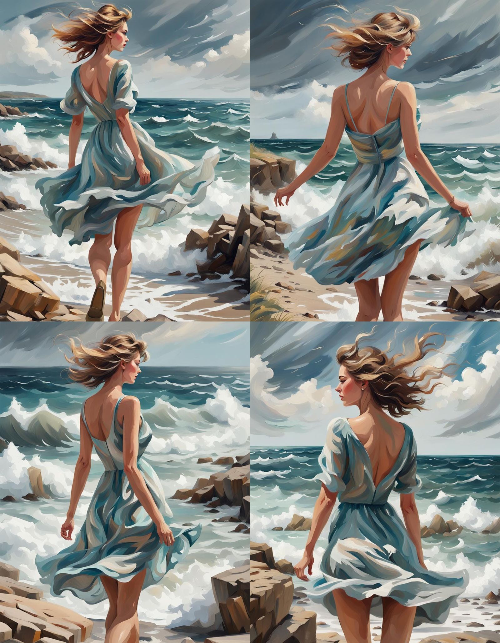 Woman in Summer Dress Near Sea: Figurative Art