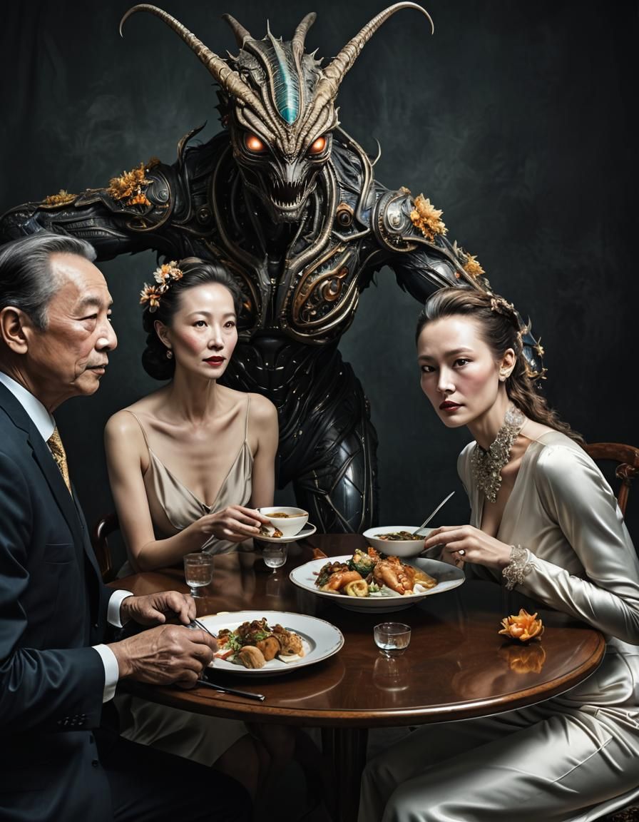 Surreal Alien Celebration in an Extraterrestrial Restaurant