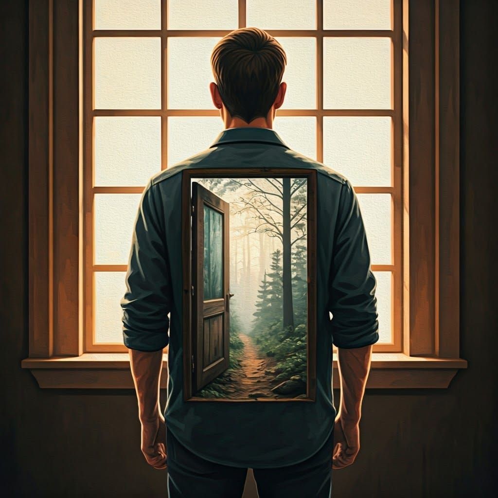 Man with Door to Misty Forest: Gouache Impasto