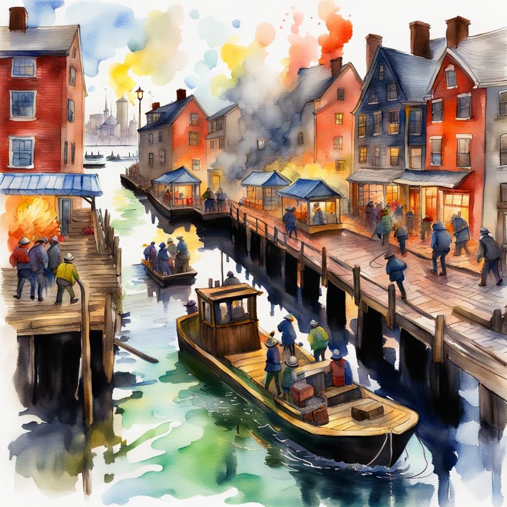 Boston Tea Party in Watercolor Style