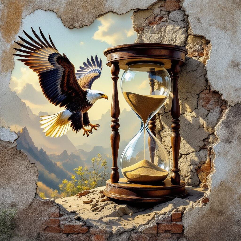 Eagle and Hourglass Mural on Decaying Stone Wall