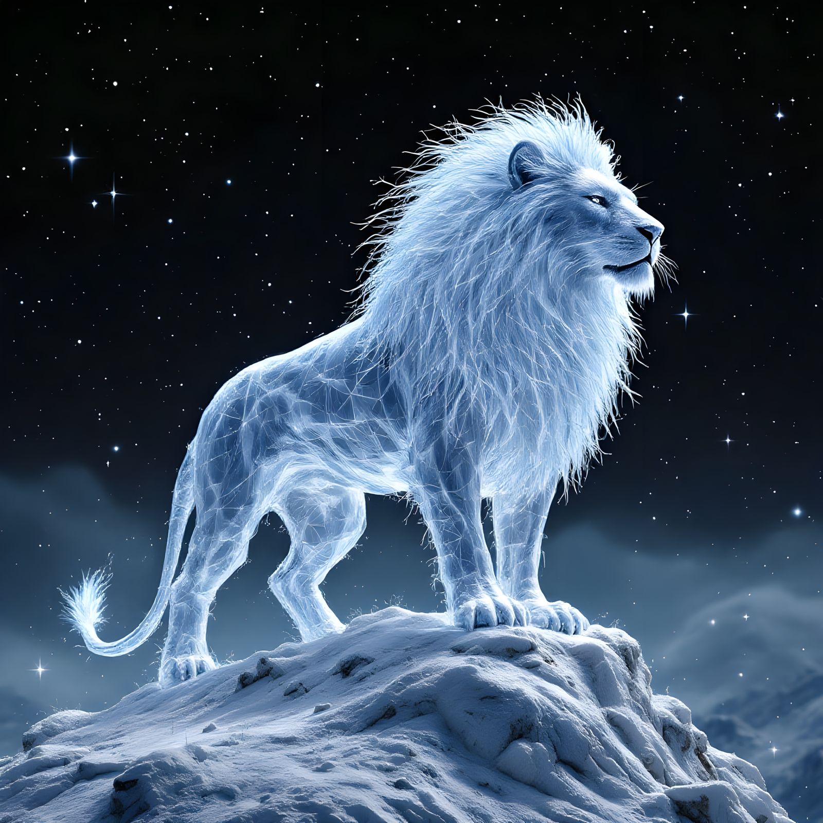 Icy White Lion in Dark Fantasy Landscape