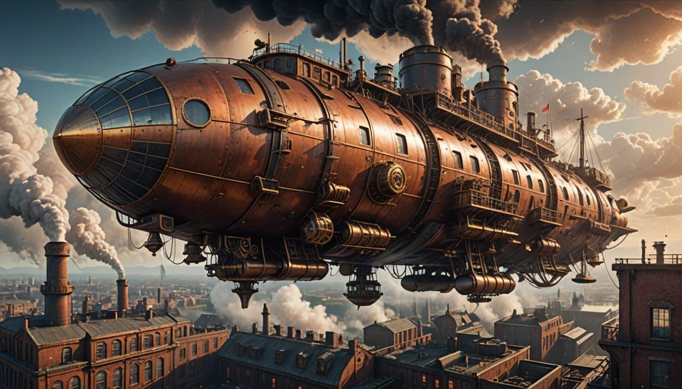 Steampunk Airship Soars Over Industrial Metropolis in Golden...