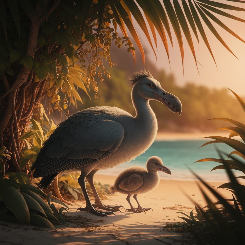 Dodo Bird and Chick in Vintage Naturalist Style