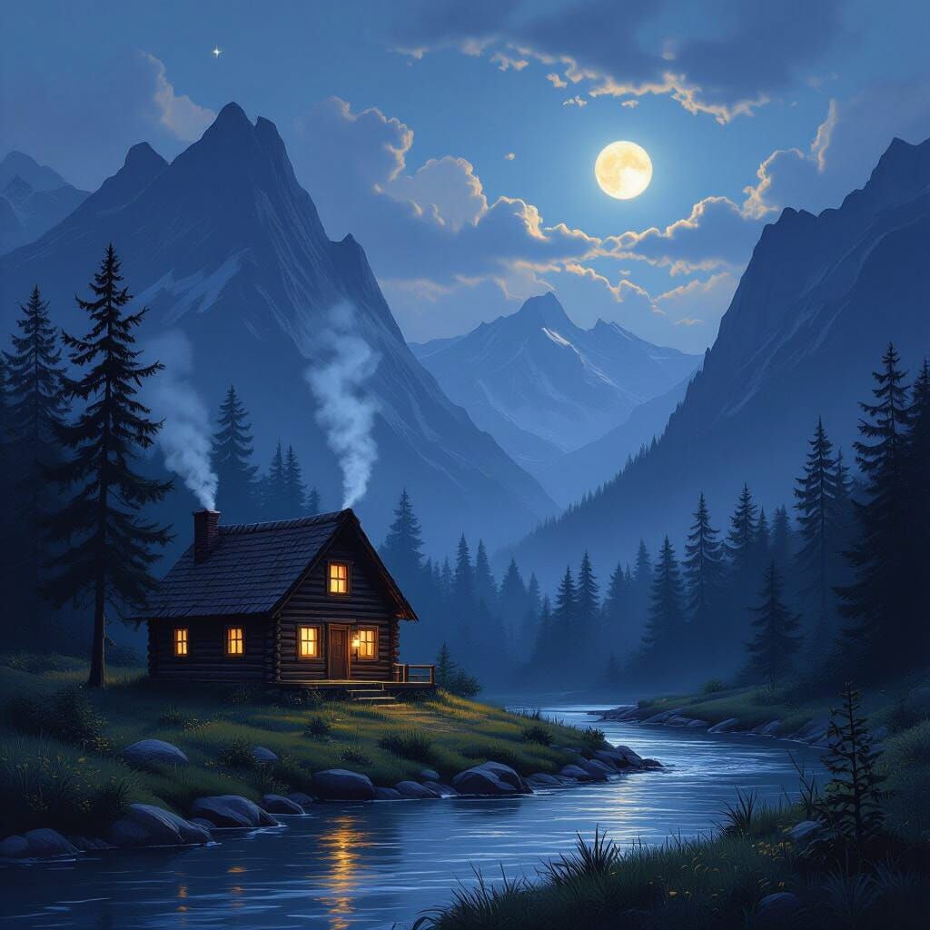 Mystical Log Cabin in Mountain Landscape, Moonlight Forest S...