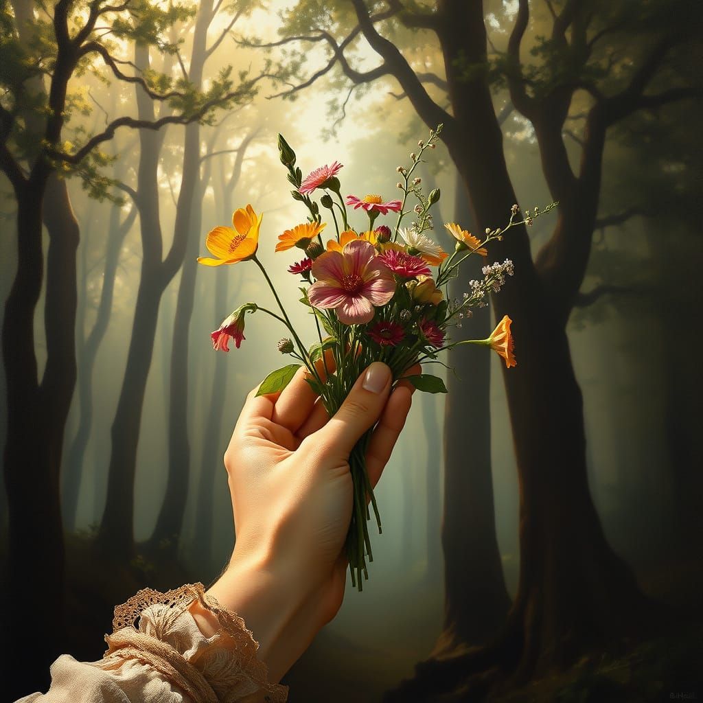 Renaissance Painting Hand Emerges with Wildflowers