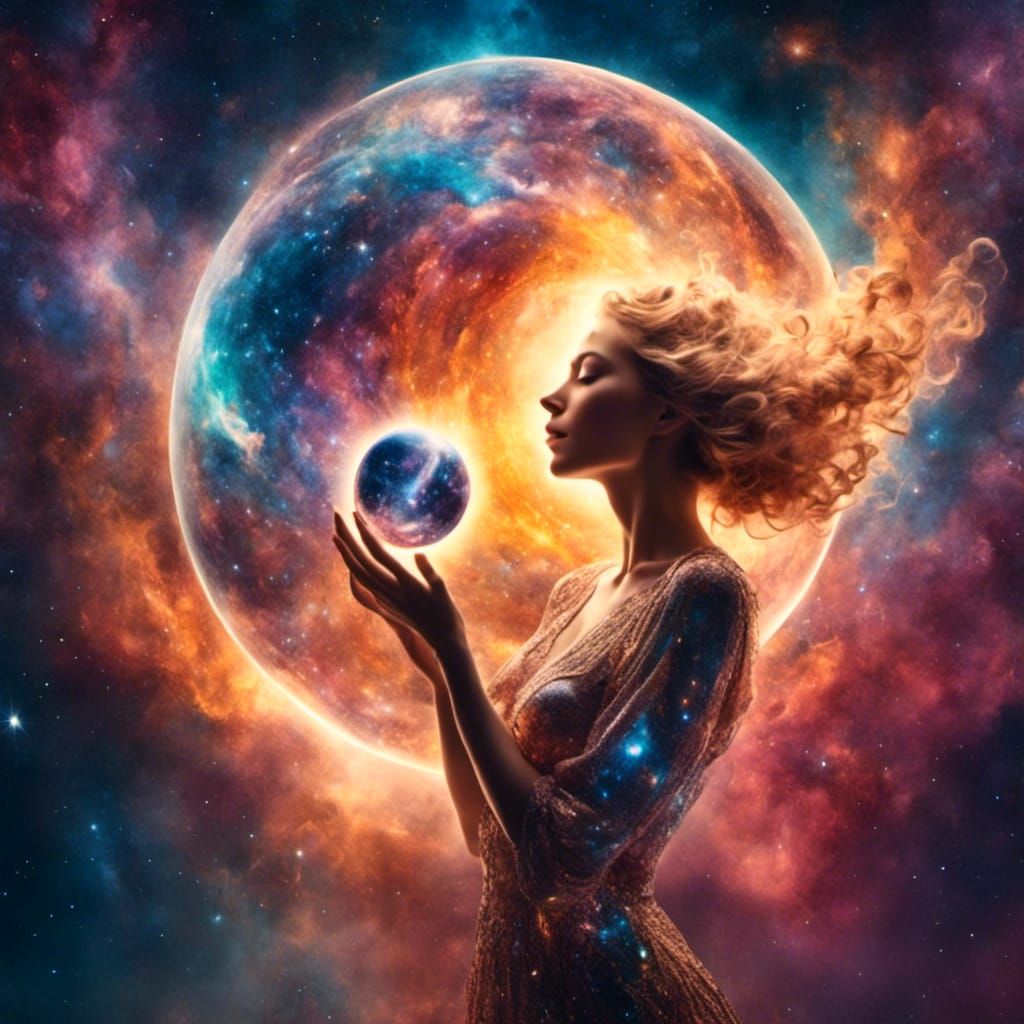Celestial Woman Holds Sun in Galaxy