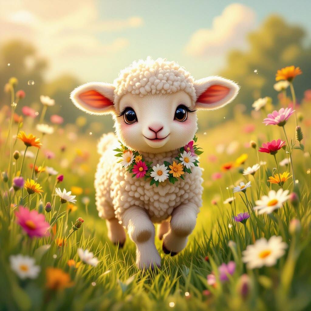 Adorable Lamb in Wildflower Meadow: Whimsical 3D Illustratio...