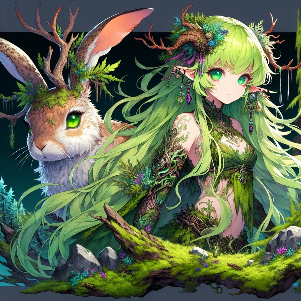 Anime Druid Girl with Jackalope, Matte Painting