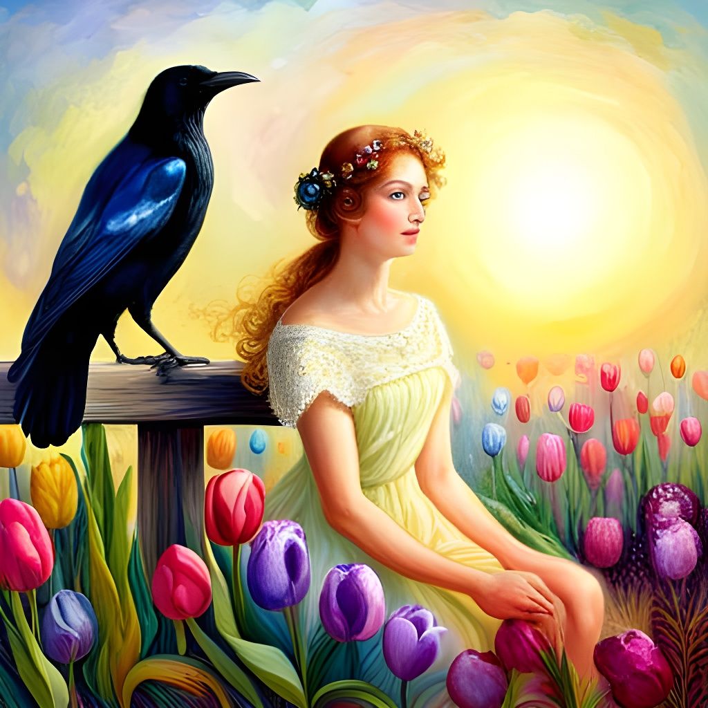 Crow in Tulip Field: An Impasto Gouache Masterpiece