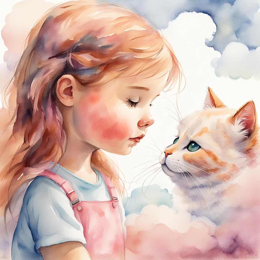 Girl and Pink Cat on Cloud in Watercolor