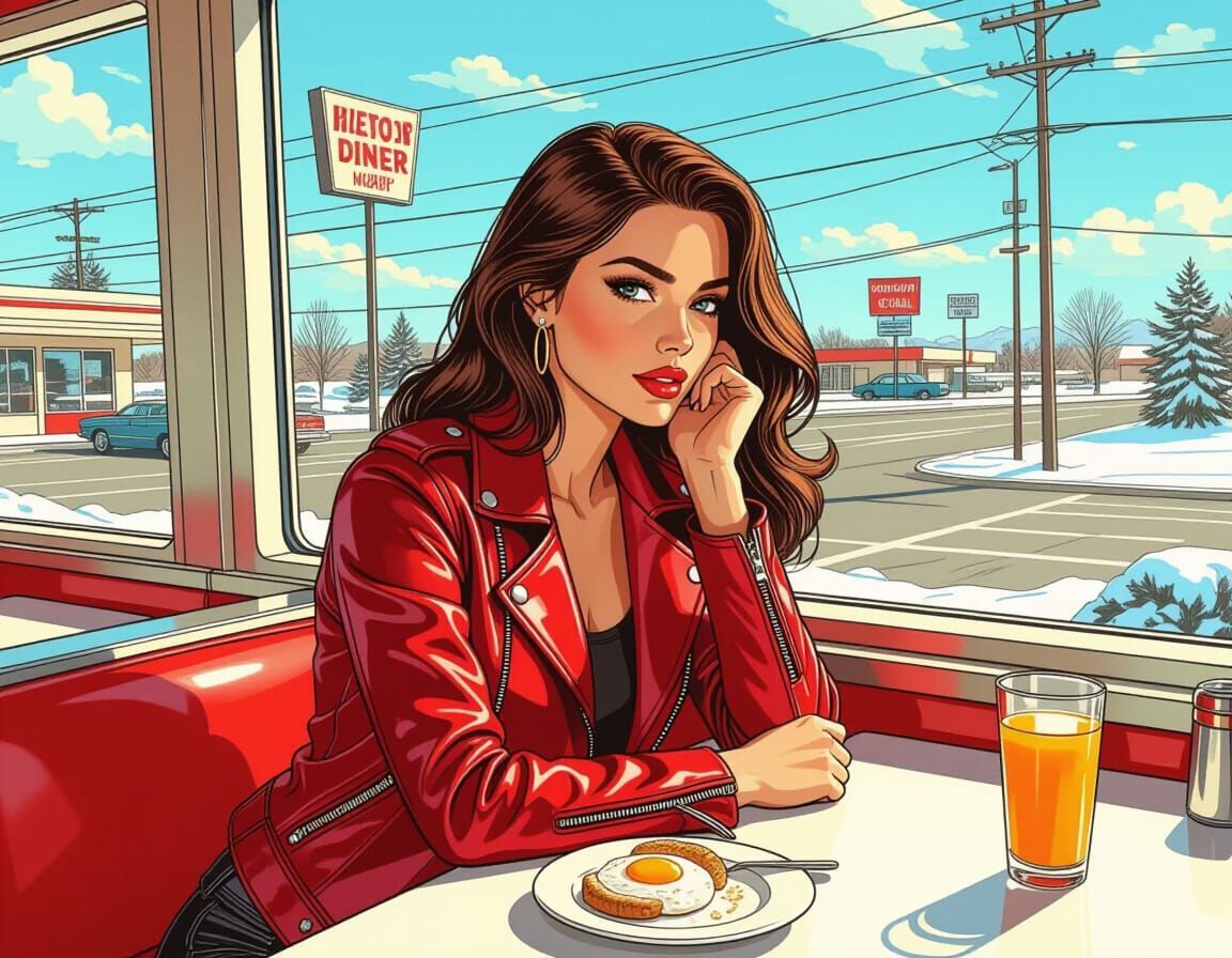 Brunette Pilot in Diner, Comic Book Style