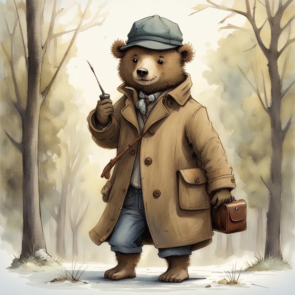 Bear Detective in Overcoat on Spring Day