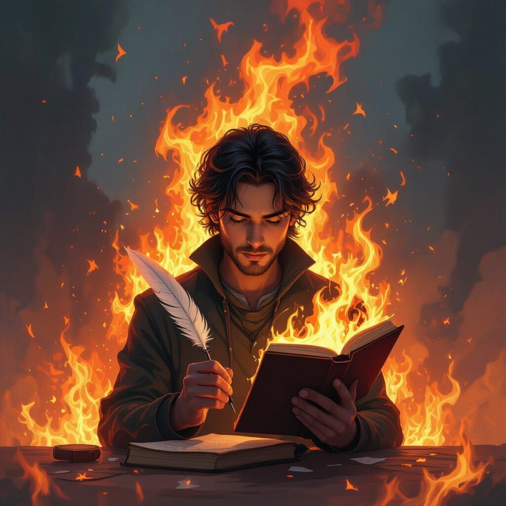 Writer Ascends in Fiery Words, Expressive Style