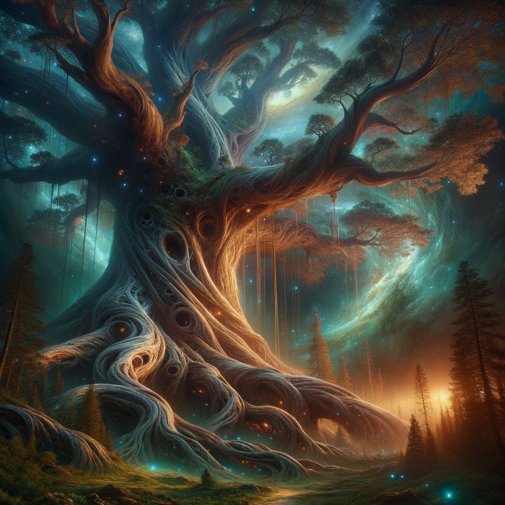 Colossal Tree Nebula with Ethereal Spirits in Digital Art