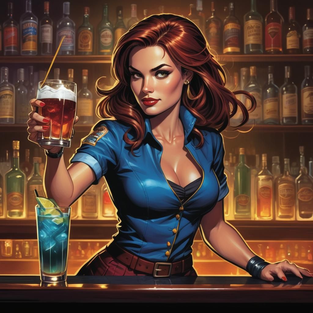 Bartender Woman in Comic Book Style