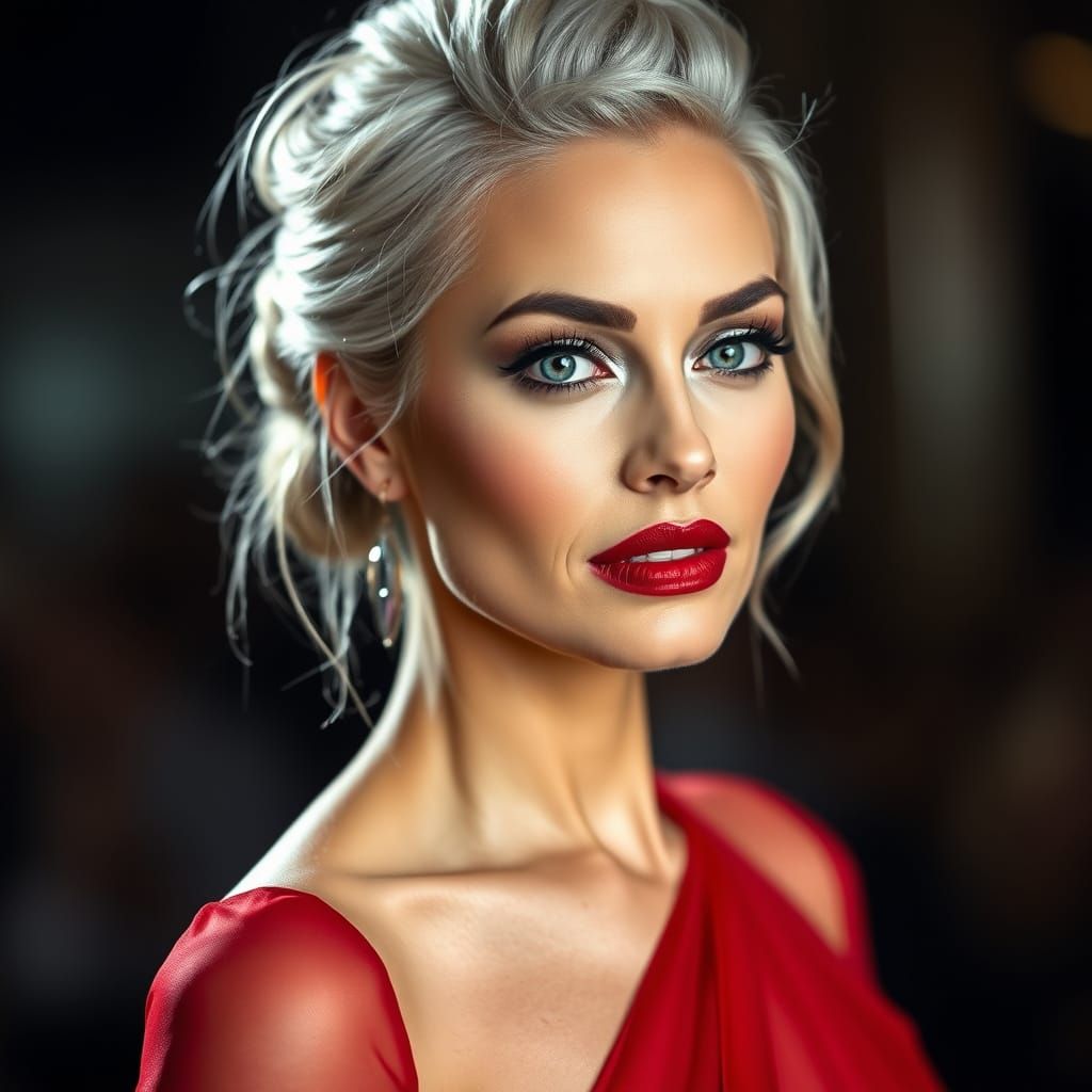 Elegant Woman in Silver Hair and Crimson Gown