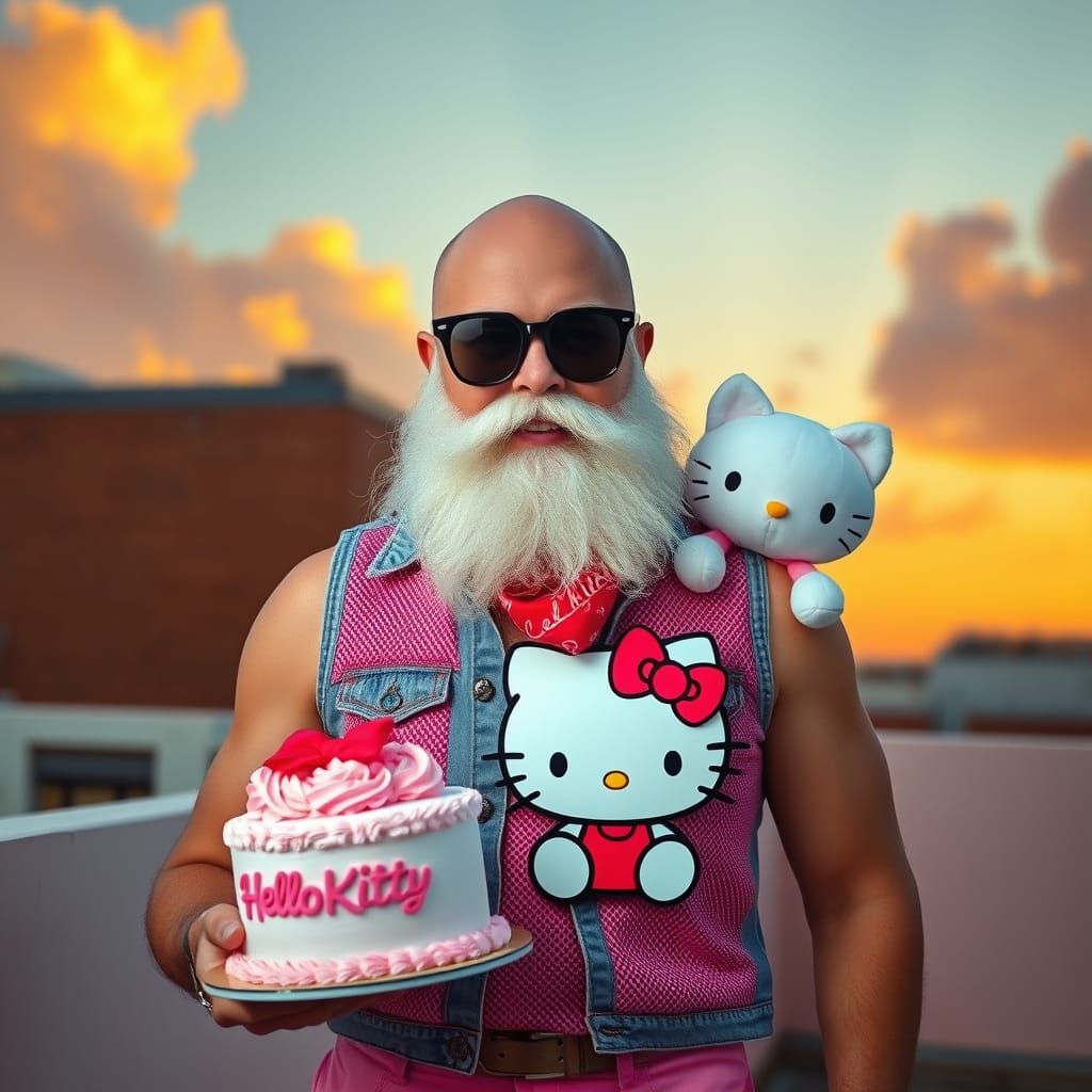 Eccentric Man with Hello Kitty Cake, Photorealistic Style