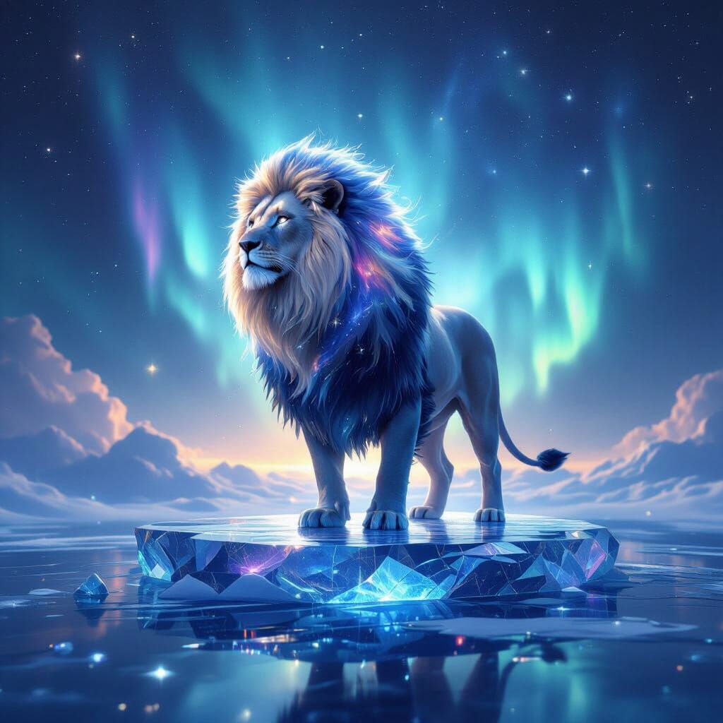Cosmic Lion on Crystalline Platform with Aurora