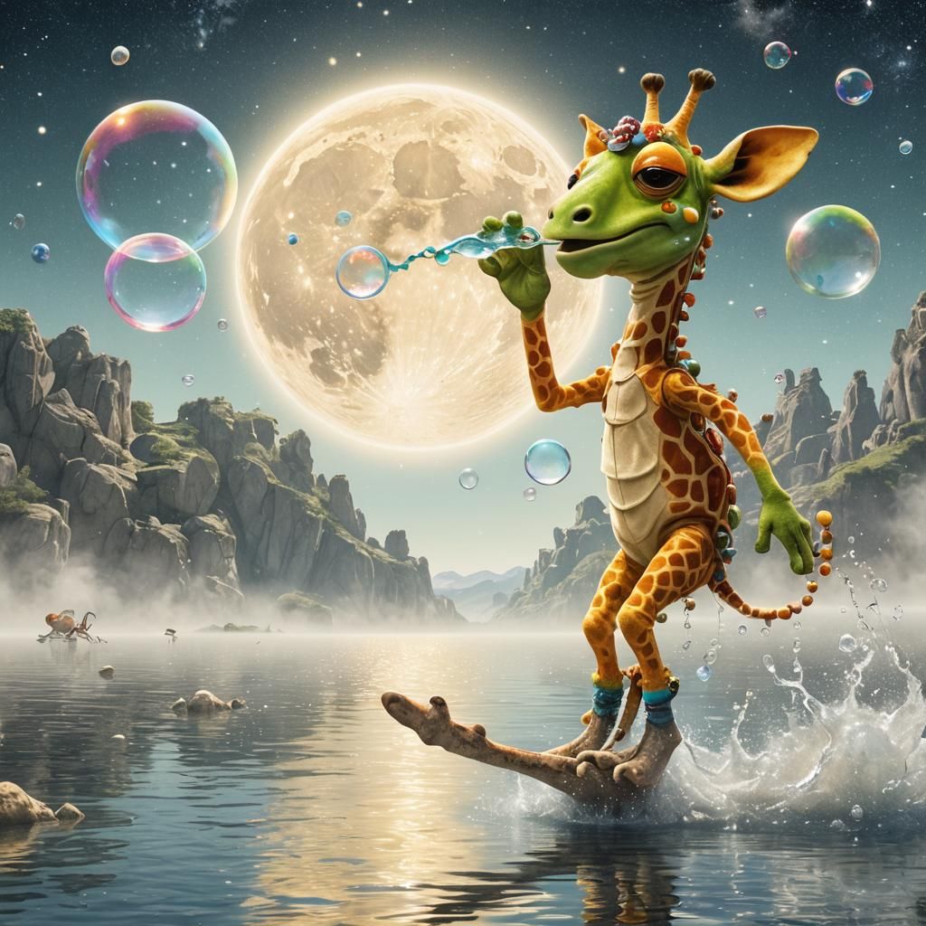 A wacky lighthearted spirited alien Giraffe Frog blowing bubbles as it waterskies past the water's edge of a shining bri...