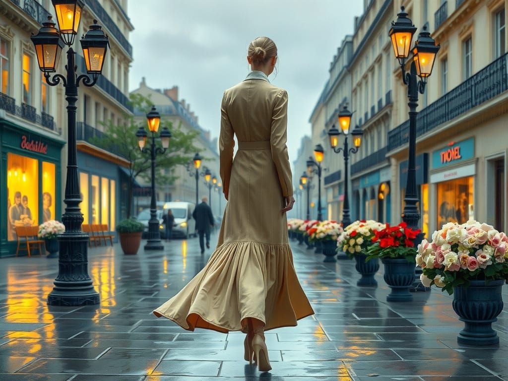 Elegant Woman Walks in Rainy Paris: Impressionist Style
