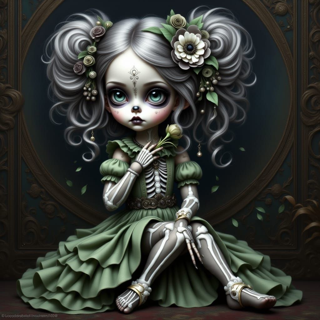 Gothic Girl with Sugar Skull Face Paint as Digital Art