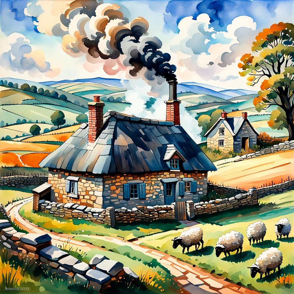 Charming Cottage in Impressionist Countryside Landscape