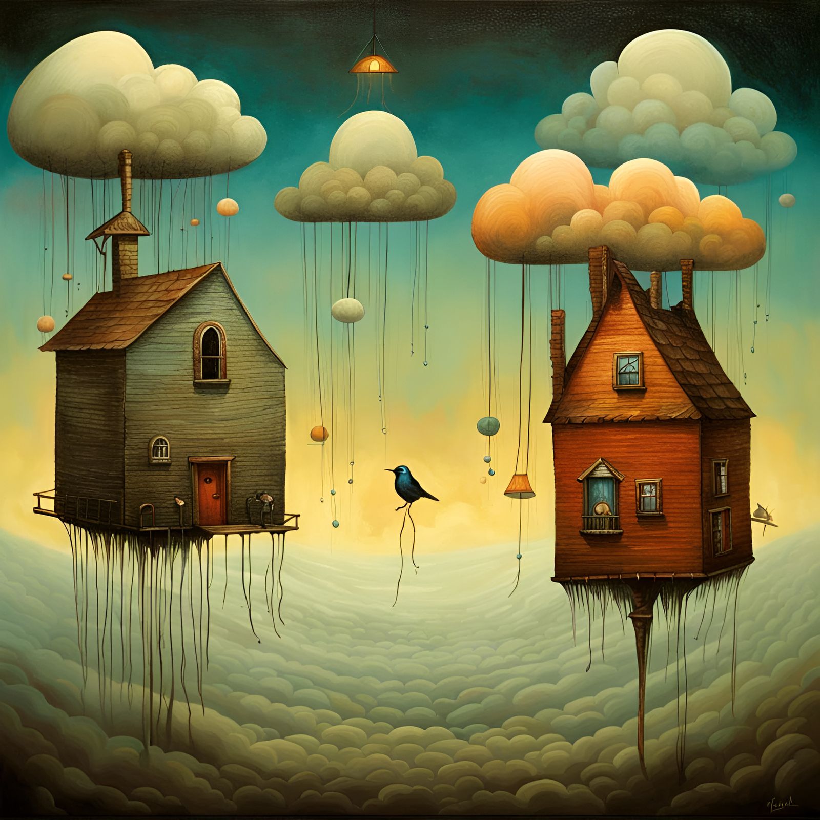 Quaint Cloud House in the Sky, Surreal Digital Art
