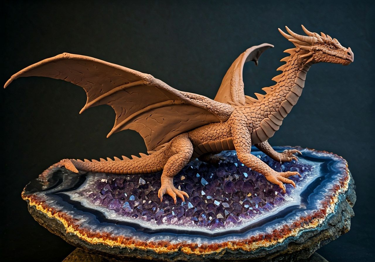 Detailed Clay Dragon on Crystal Geode