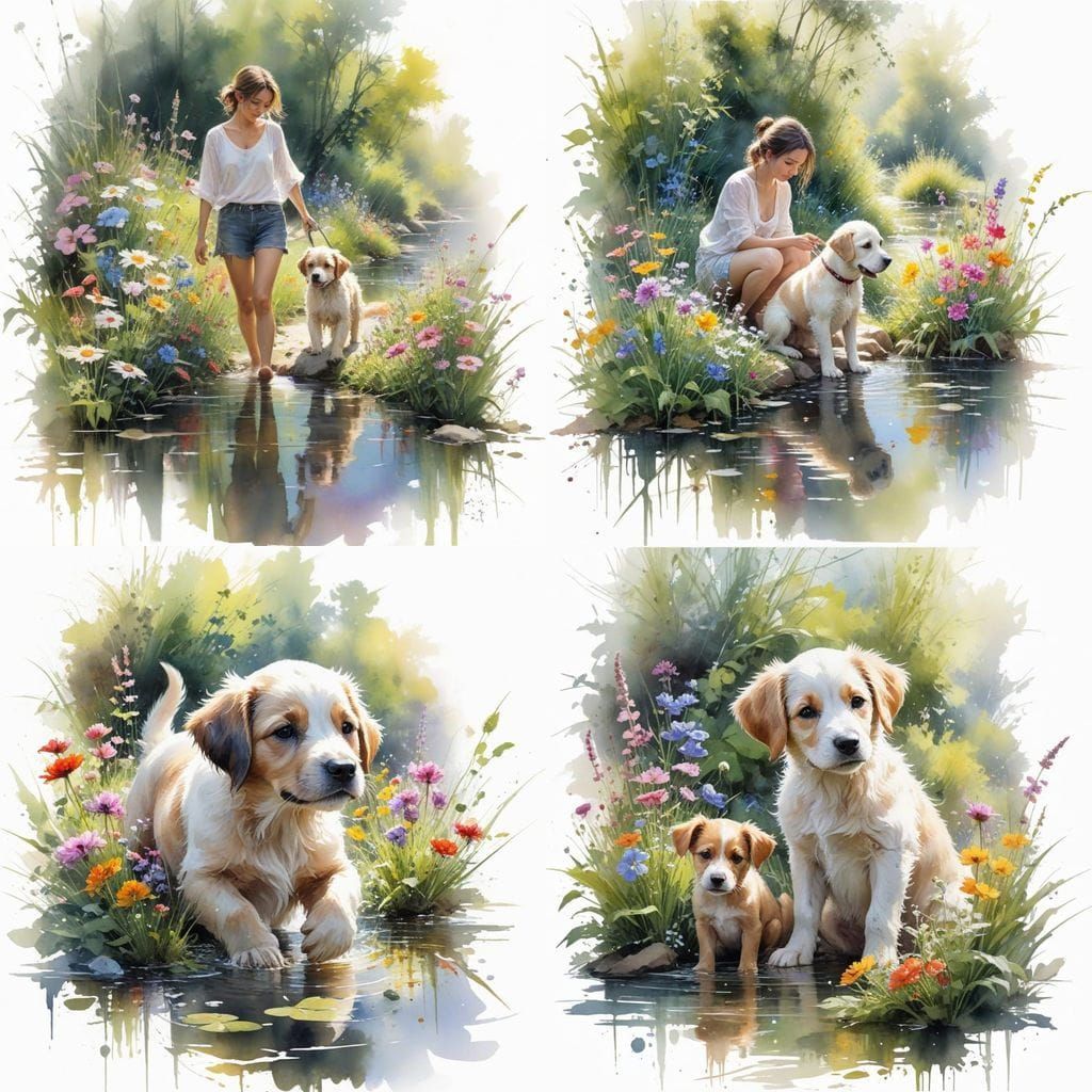 Vibrant Garden Scene with Playful Puppy and Owner in Sunlit ...