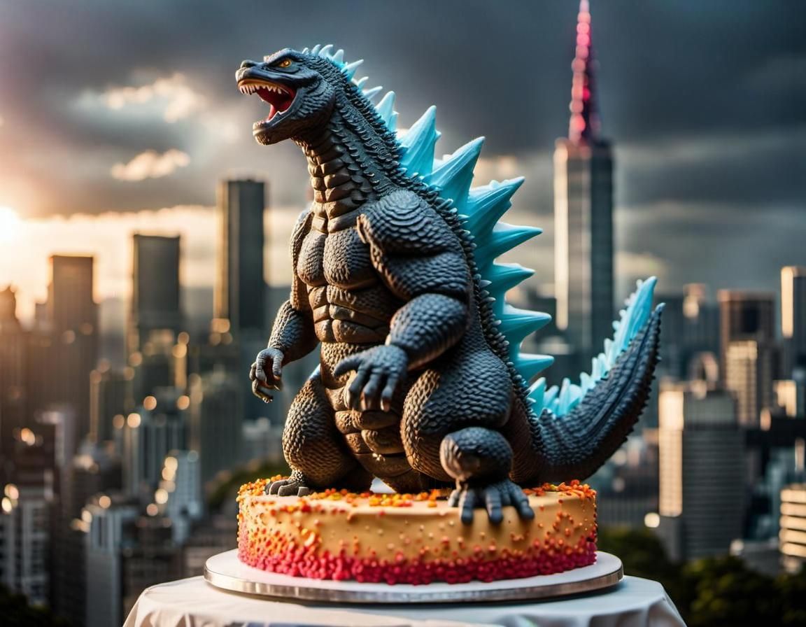 Photorealistic Godzilla Cake Sculpture with Tokyo City