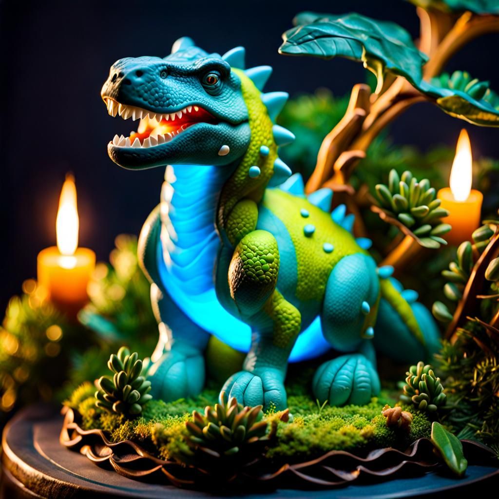 Bioluminescent Dino Cake Sculpture in Fantasy Forest