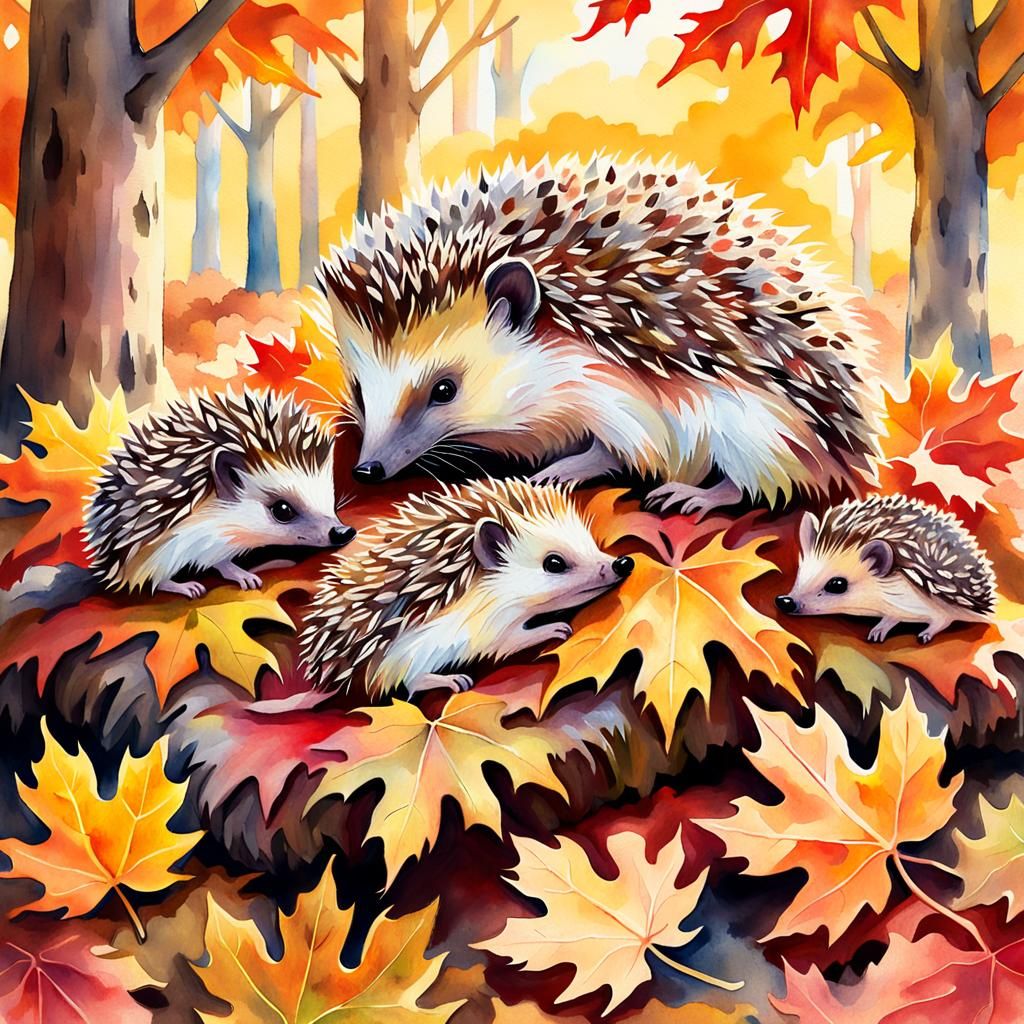 Mother and Baby Hedgehogs in Impressionistic Watercolor