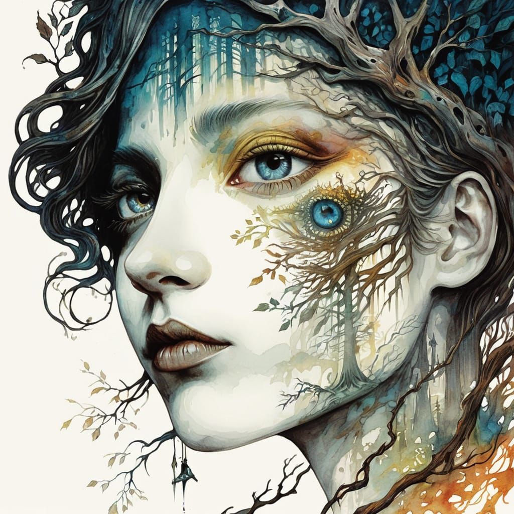 Mythical Creature in Dark Forest, Intricate Linework