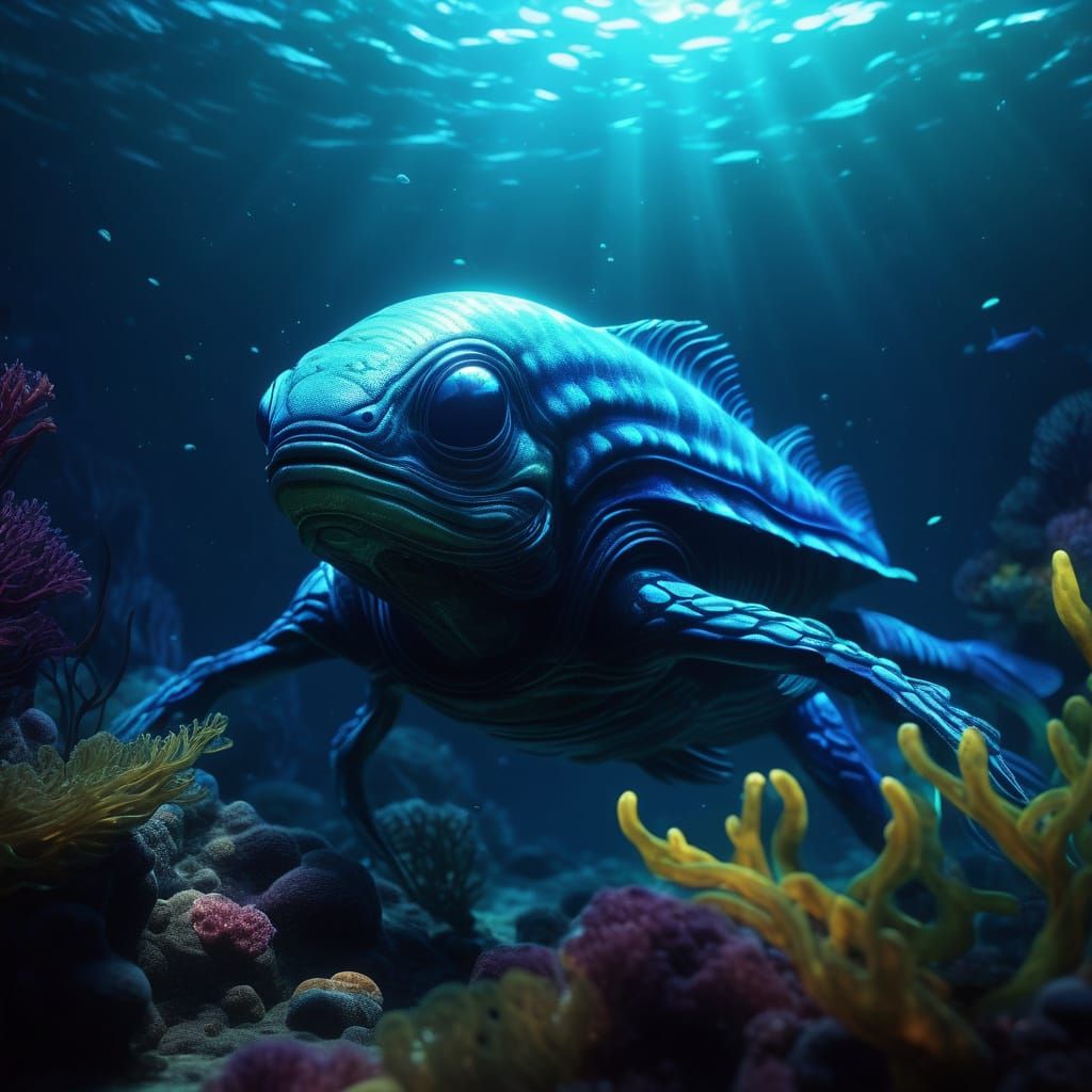 Alien Swims Underwater in Bioluminescent Digital Art