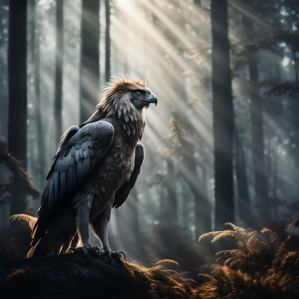 Griffin in Misty Forest: Wildlife Photography
