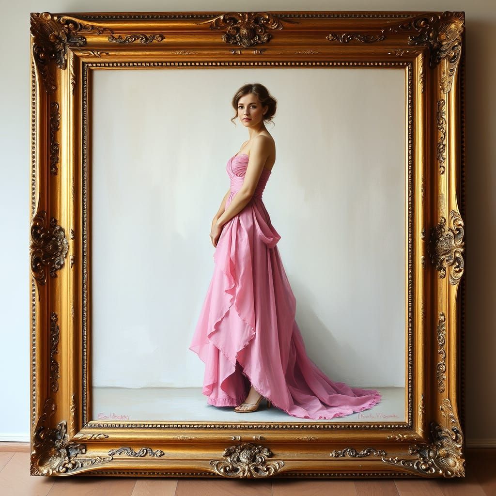 Woman in Pink Dress Oil Painting in Ornate Frame